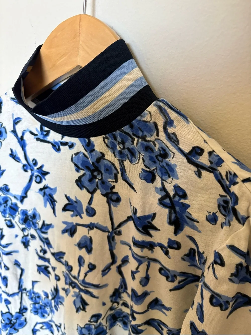 Tory Burch Blue Floral Mock Neck Long Sleeve Top